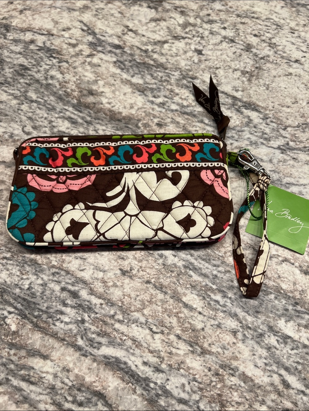 Vera Bradley Lola Brown Multicolor Quilted Wristlet with Teal Pink and Green NWT